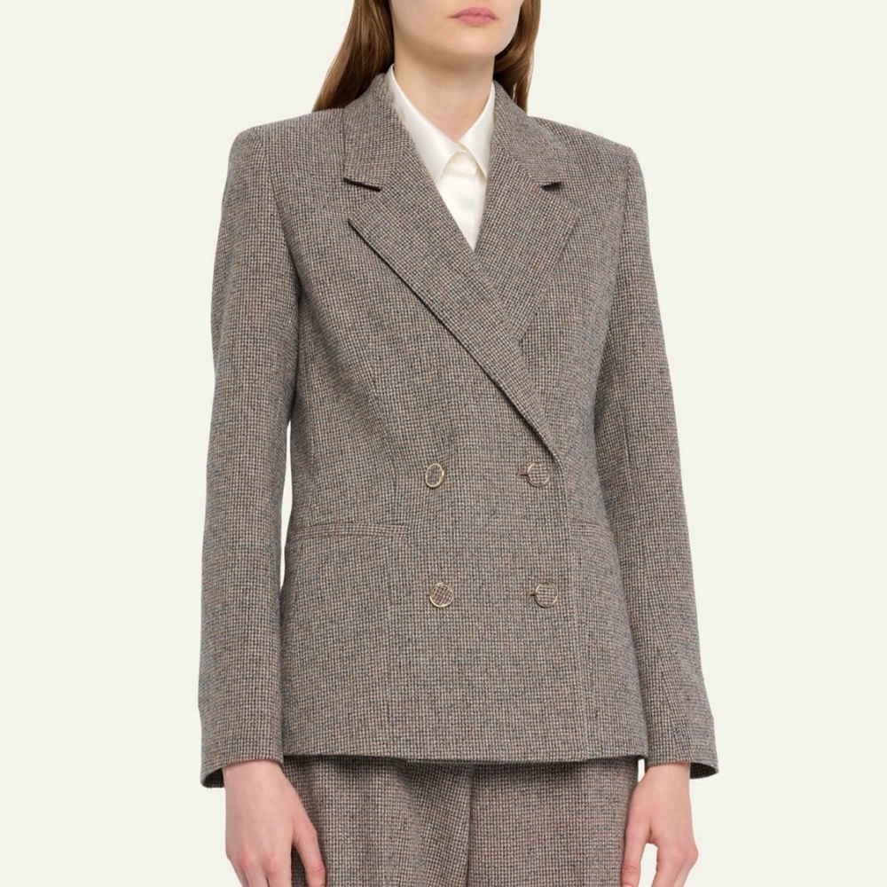 LAFAYETTE 148 tan brown Double Breasted Check Print Wool Jacket blazer - Picture 1 of 14